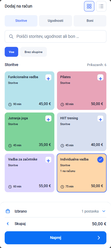 Dodajanje storitev na račun s pregledom zneska