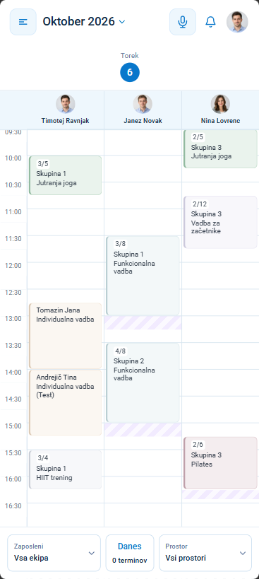 Mobilni koledar Calendra s pregledom ekipe in prostorov