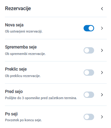 Nastavitve obvestil ob rezervaciji, spremembi in preklicu termina